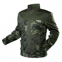 NEO working švarkas/striukė of CAMO series is made of high quality cotton and polyester fabric.  The švarkas/striukė provides comfort of use thanks to special design of sleeves, adjustable cuff circumference and high standing collar. The product combines 