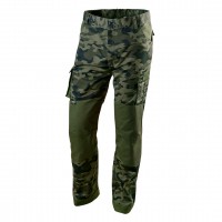 NEO working trousers of CAMO series are made of high quality cotton and polyester fabric. Profiled knees with pockets for protective knee pads and spacious, sturdy pockets greatly improve comfort of work. Elastic components in the waistband allow for bett