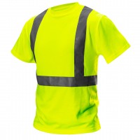 NEO high visibility working T-shirt (ref. no. 81-732-L) is a practical solution that improves user safety by signalling presence in all lighting conditions, daylight or in darkness with artificial light, when illuminated by e.g. vehicle lamps. Use of airy