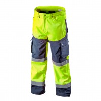 NEO warm working trousers (81-750-L) with high visibility, made of high quality, strong softshell material. Wind and water resistant and inside polar fleece provide comfort in frosty and windy days. 8000 mm water resistant membrane allows for use in rain.