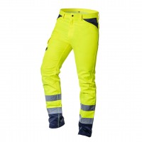 - - Hi Visibility trousers 40 polyester, 60 cotton, 260 gsm, size L, high visibility corresponding to class 1, sewn-on reflective stripes, triple seams of the legs (outer and inner seams), profiled knees, darker elements at the bottom of the legs and at t
